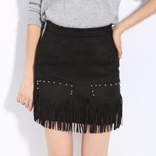 Vintage Fringe Suede Cocktail Bodycon High Waist Tassel Rivet Pencil Mini Skirt Plus Size J4U66