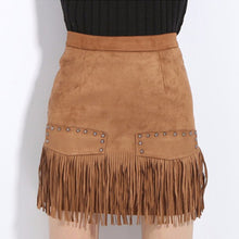 Vintage Fringe Suede Cocktail Bodycon High Waist Tassel Rivet Pencil Mini Skirt Plus Size J4U66