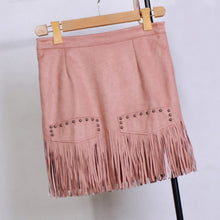 Vintage Fringe Suede Cocktail Bodycon High Waist Tassel Rivet Pencil Mini Skirt Plus Size J4U66