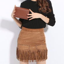 Vintage Fringe Suede Cocktail Bodycon High Waist Tassel Rivet Pencil Mini Skirt Plus Size J4U66