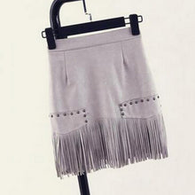 Vintage Fringe Suede Cocktail Bodycon High Waist Tassel Rivet Pencil Mini Skirt Plus Size J4U66