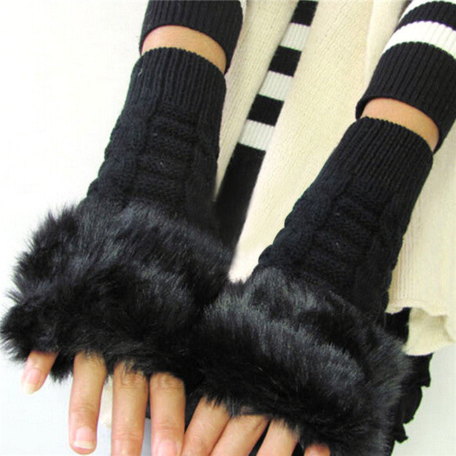 New Women Warm Soft Fur Fingerless Gloves Wrist Hand Knitted Mitten Wool Glove PY6 J4U66