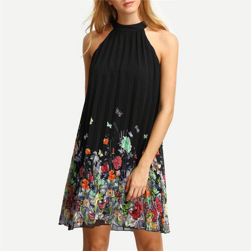 New Womens Floral Print Mini Dress Round Neck Sleeveless Casual Clothing Cut Away Shift Chiffon Halter Dresses J4U66