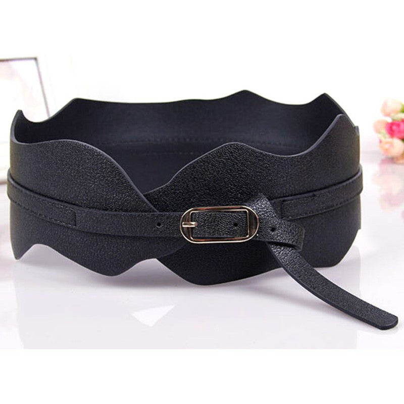 New Womens Girls Metal Buckle Irregular PU Leather Wide Waist Belt Waistband J4U66