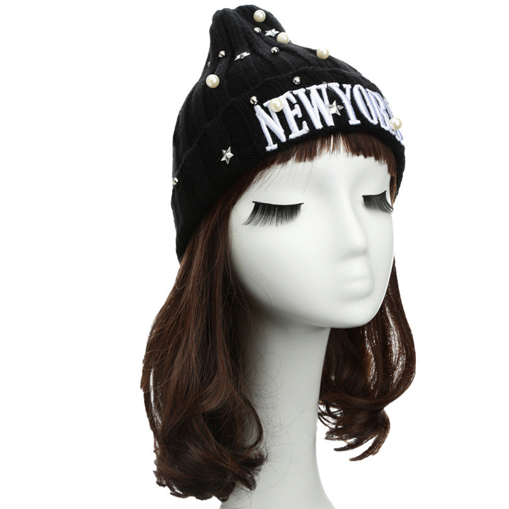 unisex casual beanie for women men hat letter embroidery pearl warm hip hop cool knitted cap headwear J4U66