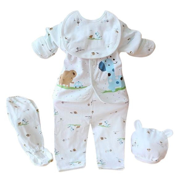 Newborn 0-3 Months Baby Boy Girl 5pcs Clothing Sets Cotton Cartoon Monk Tops Pants Bib Hats Infant Clothes J4U66