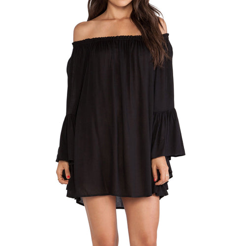 europe women boho chiffon dress off the shoulder flare sleeve sexy mini dress plus size m l J4U66
