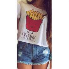 Women's T-shirt Casual Hamburger and French Fries Printing Character O-neck Short Clothes Chiffon J4U66