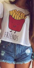 Women's T-shirt Casual Hamburger and French Fries Printing Character O-neck Short Clothes Chiffon J4U66