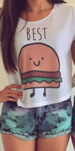 Women's T-shirt Casual Hamburger and French Fries Printing Character O-neck Short Clothes Chiffon J4U66
