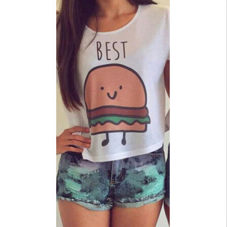 Women's T-shirt Casual Hamburger and French Fries Printing Character O-neck Short Clothes Chiffon J4U66