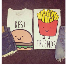 Women's T-shirt Casual Hamburger and French Fries Printing Character O-neck Short Clothes Chiffon J4U66