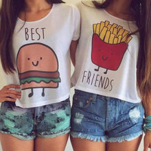 Women's T-shirt Casual Hamburger and French Fries Printing Character O-neck Short Clothes Chiffon J4U66