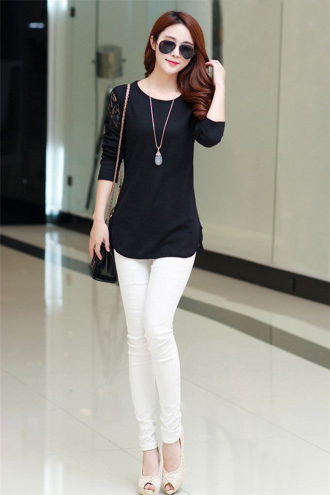 o neck long sleeve women t-shirts lace hollow out irregular hem women tops base tee blusas plus size black dark gray J4U66