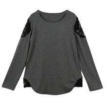 o neck long sleeve women t-shirts lace hollow out irregular hem women tops base tee blusas plus size black dark gray J4U66