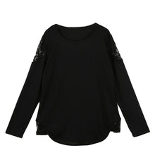 o neck long sleeve women t-shirts lace hollow out irregular hem women tops base tee blusas plus size black dark gray J4U66
