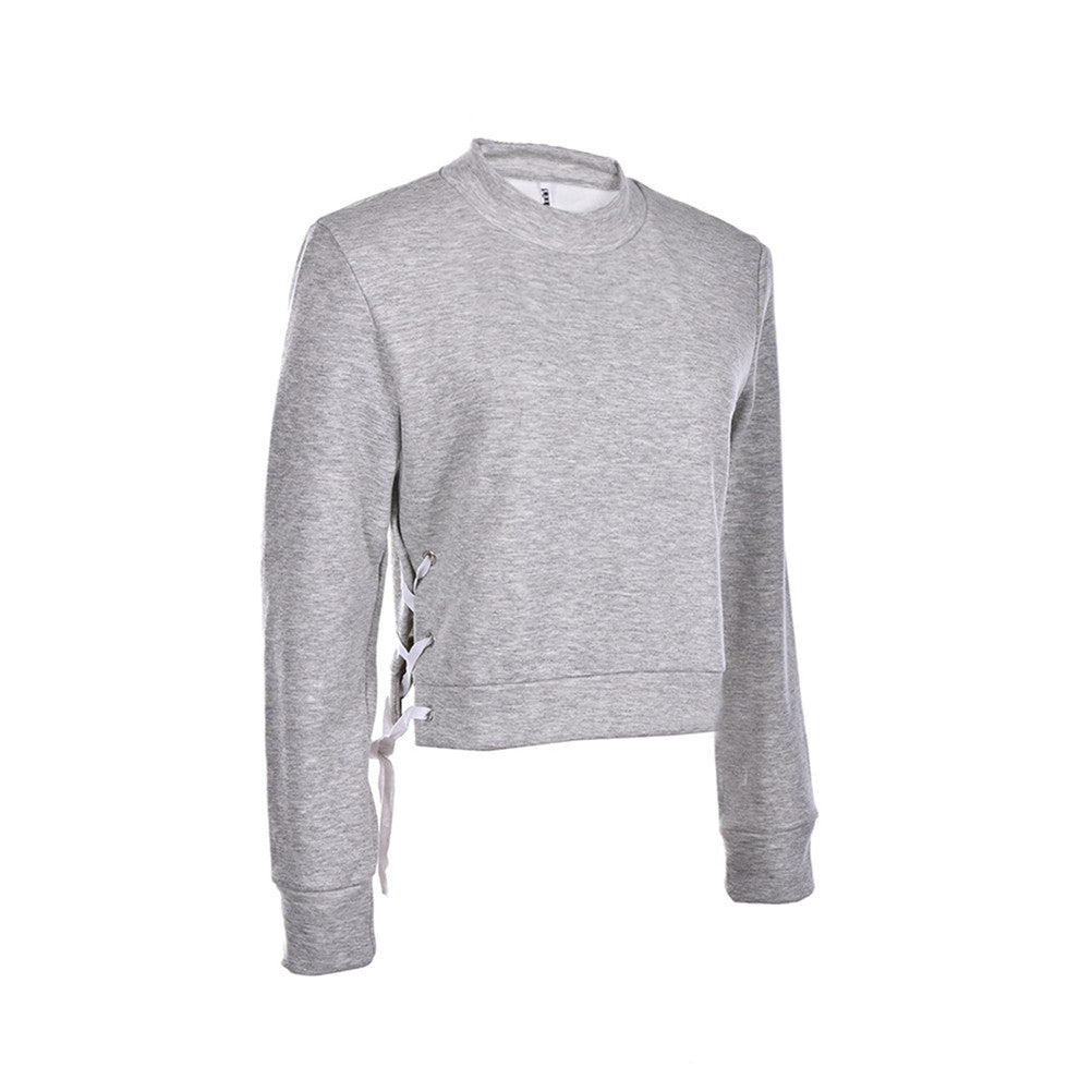 O-neck ladies sweatshirt warm hoodies Gray crop top long sleeve girls Tops chic lace up sweatshirt Women tops S M L J4U66