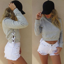 O-neck ladies sweatshirt warm hoodies Gray crop top long sleeve girls Tops chic lace up sweatshirt Women tops S M L J4U66