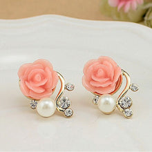 OL Pink Rose Flower Shiny Crystal Rhinestone Pearl Stud Earrings Women Jewelry Korean Style J4U66