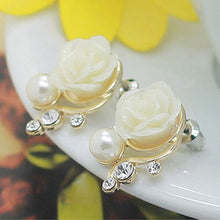 OL Pink Rose Flower Shiny Crystal Rhinestone Pearl Stud Earrings Women Jewelry Korean Style J4U66