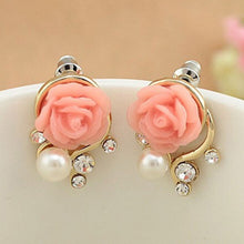 OL Pink Rose Flower Shiny Crystal Rhinestone Pearl Stud Earrings Women Jewelry Korean Style J4U66