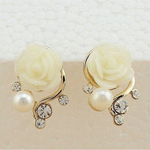 OL Pink Rose Flower Shiny Crystal Rhinestone Pearl Stud Earrings Women Jewelry Korean Style J4U66