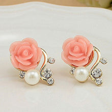 OL Pink Rose Flower Shiny Crystal Rhinestone Pearl Stud Earrings Women Jewelry Korean Style J4U66