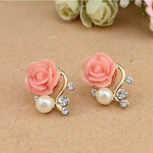 OL Pink Rose Flower Shiny Crystal Rhinestone Pearl Stud Earrings Women Jewelry Korean Style J4U66