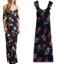 Off Shoulder Boho Beach dress casual Sleeveless Chiffon Maxi Retro Floral Print Evening Long Party Dresses J4U66