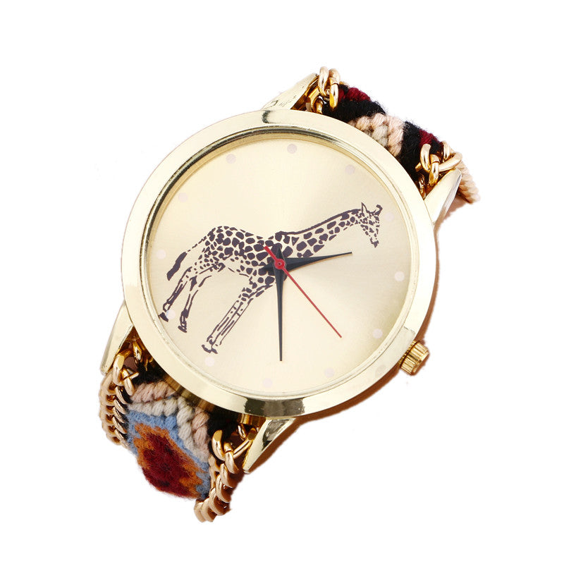Overmal Giraffe Pattern Weaved Rope Band Bracelet Quartz Dial Watch &  J4U66
