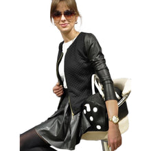 pu leathercoat women jacket zipper front long sleeve o neck patchwork women slim outerwear overcoat black white J4U66