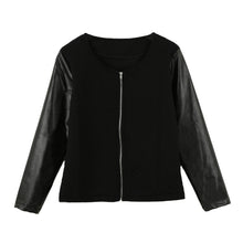 pu leathercoat women jacket zipper front long sleeve o neck patchwork women slim outerwear overcoat black white J4U66