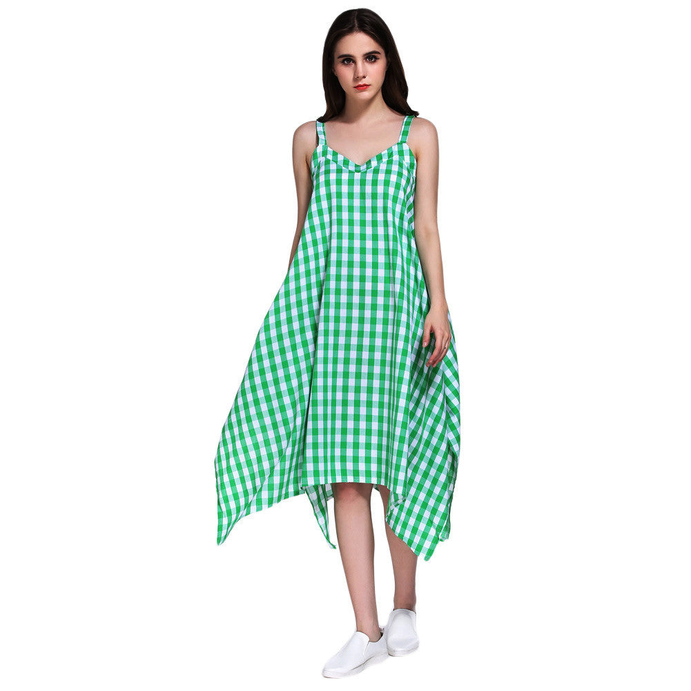 plaid women dress sweetheart neck spaghetti strap eelegant dress casual evening party dress green J4U66