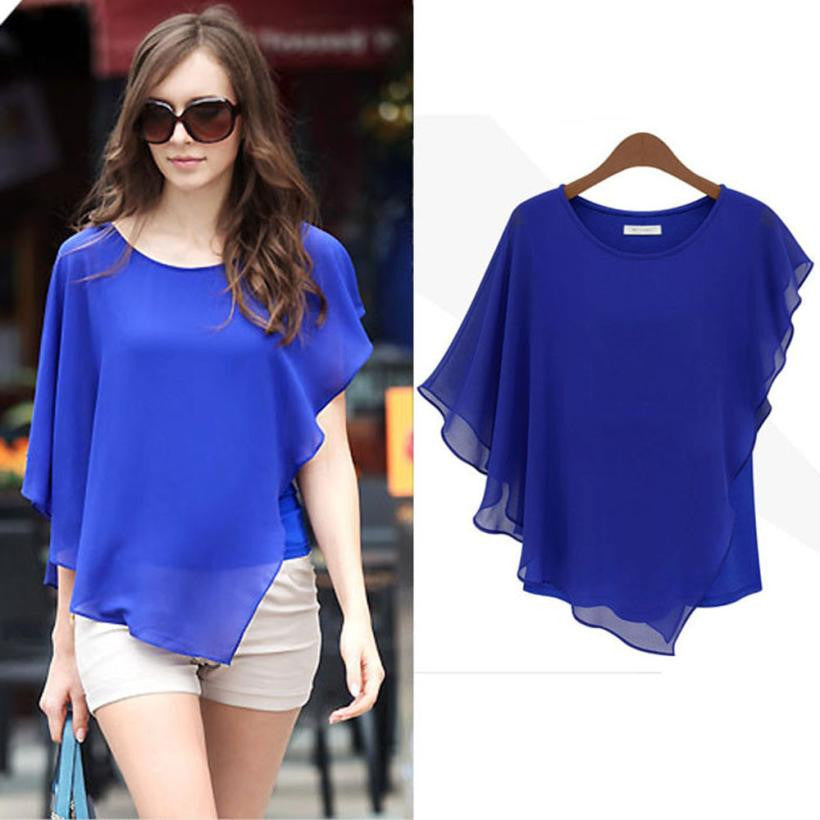 Plus Size Women Chiffon Tops And Blouses Fashion Ruffles Batwing Short Sleeve Shirt Ladies Casual Loose Clothing J4U66