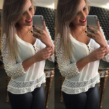 Plus Size Women Fashion Loose Chiffon V-Neck Tops Three Quarter Sleeve Hollow Out Shirt Casual Three Quarter Blouse  J4U66