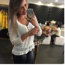 Plus Size Women Fashion Loose Chiffon V-Neck Tops Three Quarter Sleeve Hollow Out Shirt Casual Three Quarter Blouse  J4U66