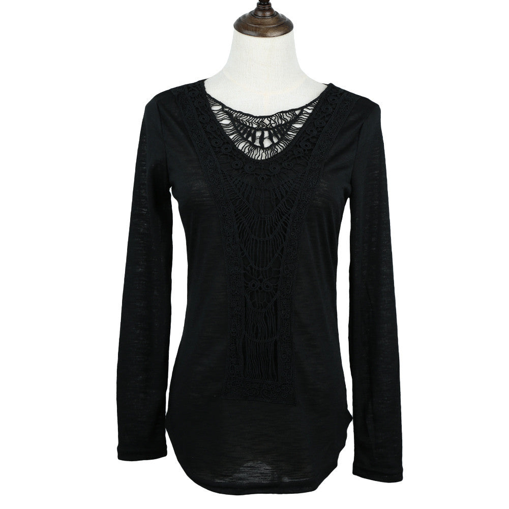 plus size women tops crochet lace t-shirts womens long sleeve casual tops tees tshirt camisetas mujer blusa J4U66