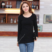 plus size women long sleeve t-shirts women knitted cotton asymmetrical zipper hem tops black and yellow J4U66