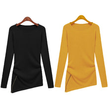 plus size women long sleeve t-shirts women knitted cotton asymmetrical zipper hem tops black and yellow J4U66