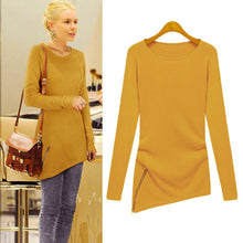 plus size women long sleeve t-shirts women knitted cotton asymmetrical zipper hem tops black and yellow J4U66