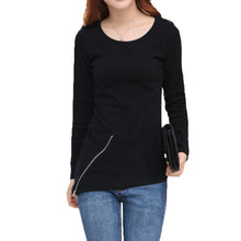 plus size women long sleeve t-shirts women knitted cotton asymmetrical zipper hem tops black and yellow J4U66