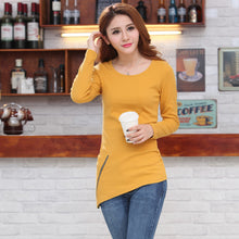 plus size women long sleeve t-shirts women knitted cotton asymmetrical zipper hem tops black and yellow J4U66