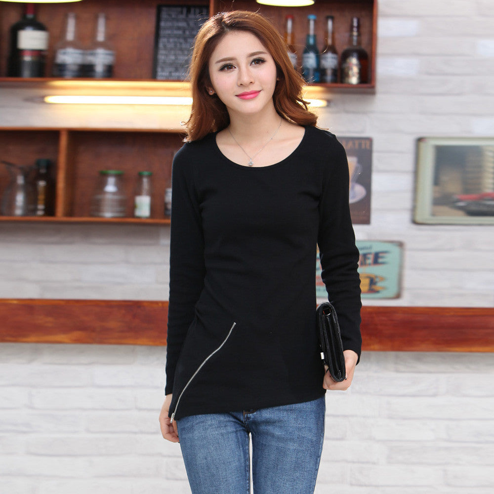 plus size women long sleeve t-shirts women knitted cotton asymmetrical zipper hem tops black and yellow J4U66