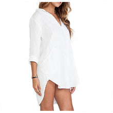 Pocket Pullover Long Blouse Plain White Long Sleeve Shirt Loose Long to Hip Camisas Mini Sexy Dress for Women Girls J4U66