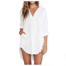 Pocket Pullover Long Blouse Plain White Long Sleeve Shirt Loose Long to Hip Camisas Mini Sexy Dress for Women Girls J4U66