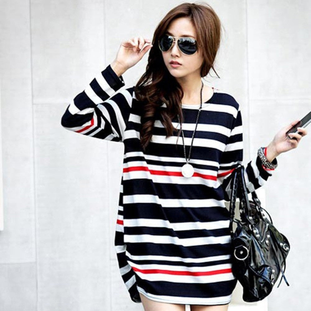 Pregnancy Women's Mini Dress Maternity Long Sleeve Stripe Top Blouse Shirt Tee Femme  J4U66