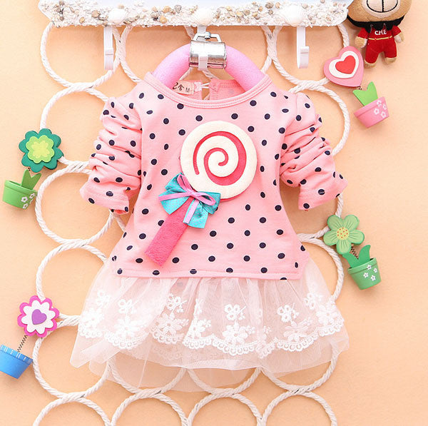 Princess Baby Kids Girls Lace Dress Candy Polka Dot Print Long Sleeve Shirt Dresses J4U66