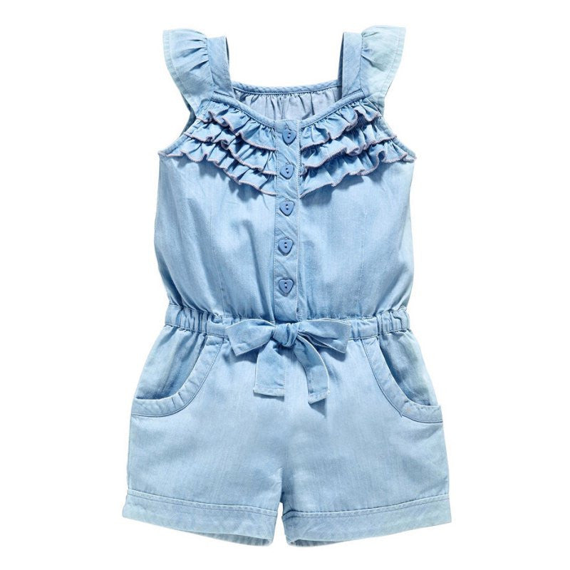 pro kids girls clothing rompers denim blue cotton washed jeans sleeveless bow jumpsuit 0~5 years J4U66