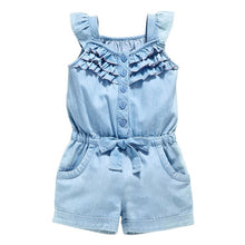pro kids girls clothing rompers denim blue cotton washed jeans sleeveless bow jumpsuit 0~5 years J4U66