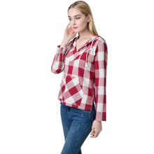 women blouses plaid print-shirts drawstring pocket v neck linen casual vintageshirt women tops blusas red J4U66
